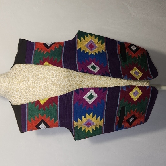 La Paloma Multi-Color Aztec Print Hand Woven Front Pocket Vest Size L Southwest - Picture 1 of 14